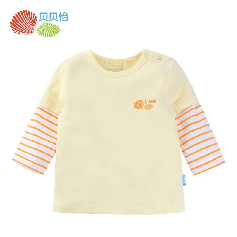 贝贝怡婴幼儿服饰男女宝宝拼接袖上衣 长袖纯棉T恤151S060 橙色 66cm