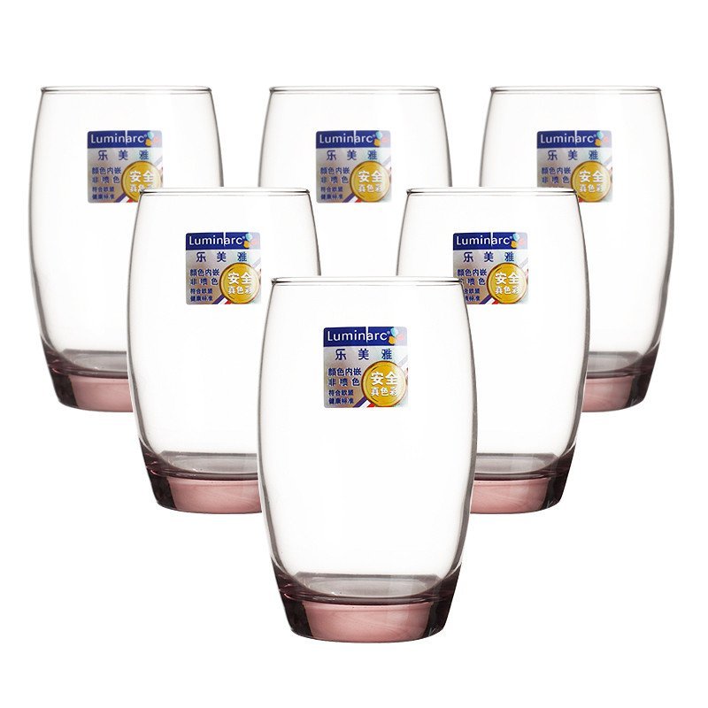 Luminarc法国弓箭(ARC)乐美雅 凝彩粉玻璃水杯酒杯啤酒杯玻璃杯350ML(六只装)H5805不保温 粉红色