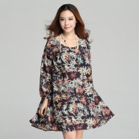 莲香情2015新款碎花雪纺长袖复古宽松连衣裙