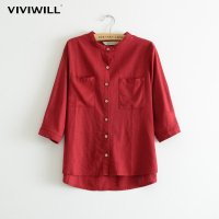 VIVIWILL 2015新款夏装宽松立领衬衫棉麻休闲