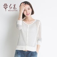 红莲2015<em>春季</em>女装圆领长袖针织衫透视<em>薄开衫</em>