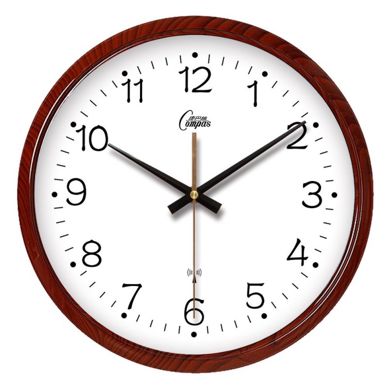 康巴丝(Compas)13寸33*33CM 挂钟客厅欧式现代创意简约个性大号钟表中式电波钟静音 2100-07咖木色