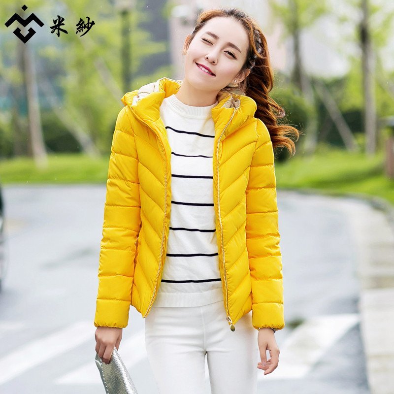 米纱2015冬季新款韩版时尚清新修身短款立领连帽羽绒棉服外套8603 XL 黄色