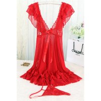 思雅迷婷网纱边V领蕾丝吊带睡裙套装火辣内衣