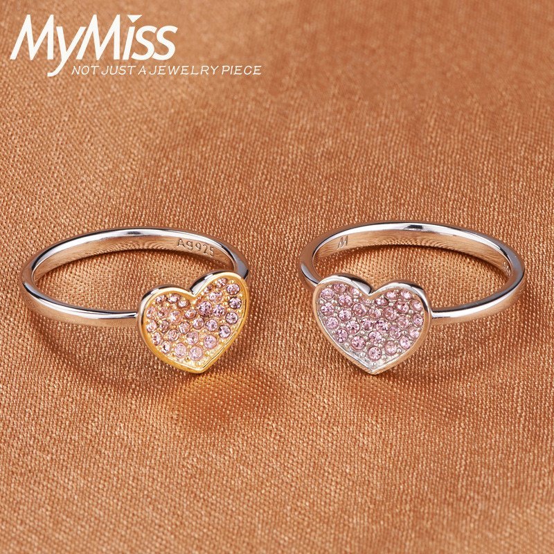 mymiss 韩版时尚925银镀铂金 粉色心形女戒指闺蜜戒指银饰品 心动mr