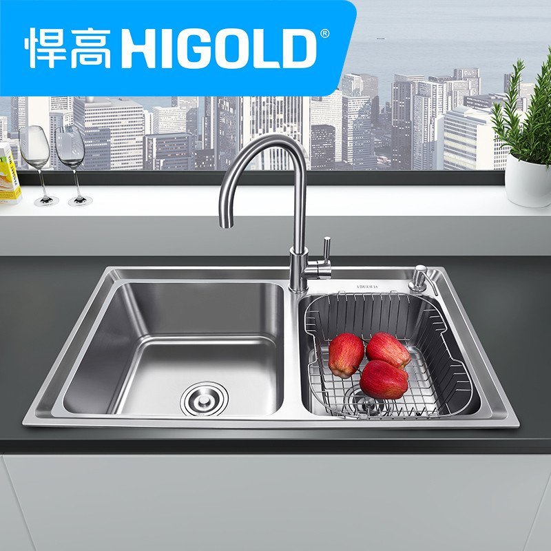 HIGOLD/悍高 304不锈钢水槽 厨房洗菜盆 洗碗池双槽 厨盆加厚拉丝水槽套餐