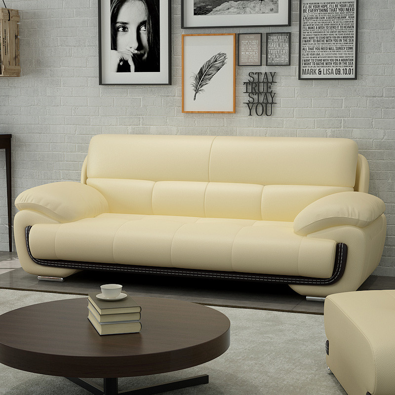 简约现代皮艺沙发组合客厅时尚转角头层真皮沙发 黄色三人位