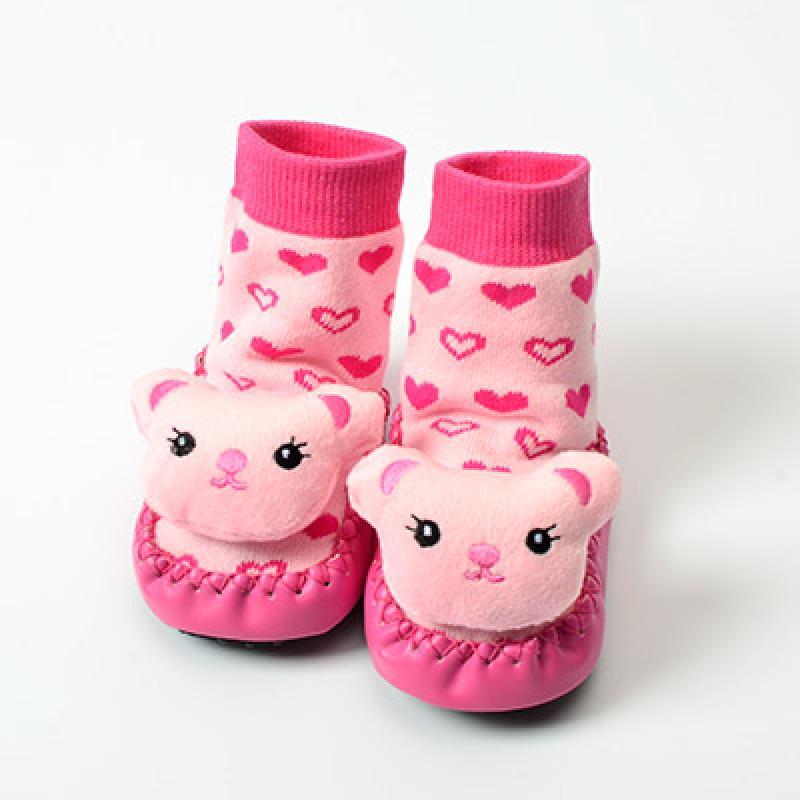 宝宝地板袜婴儿男女童布底皮边加厚毛圈秋冬学步鞋 防滑公仔袜 12cm(3-12个月) 粉色小熊