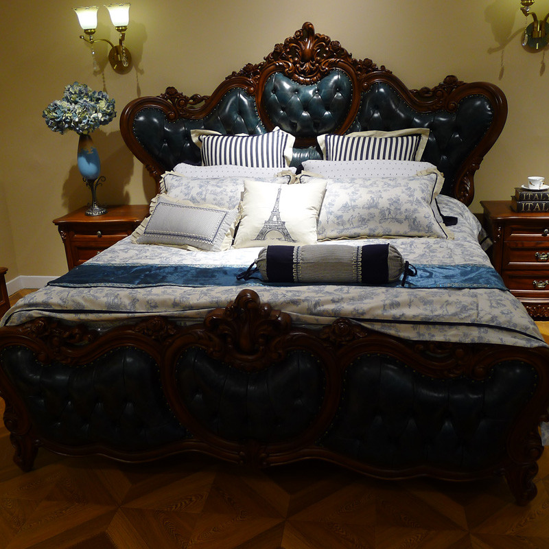 淮木 古典1.8米大床 大户型 欧式双人床 美式头层真皮实木床 床+2床头柜