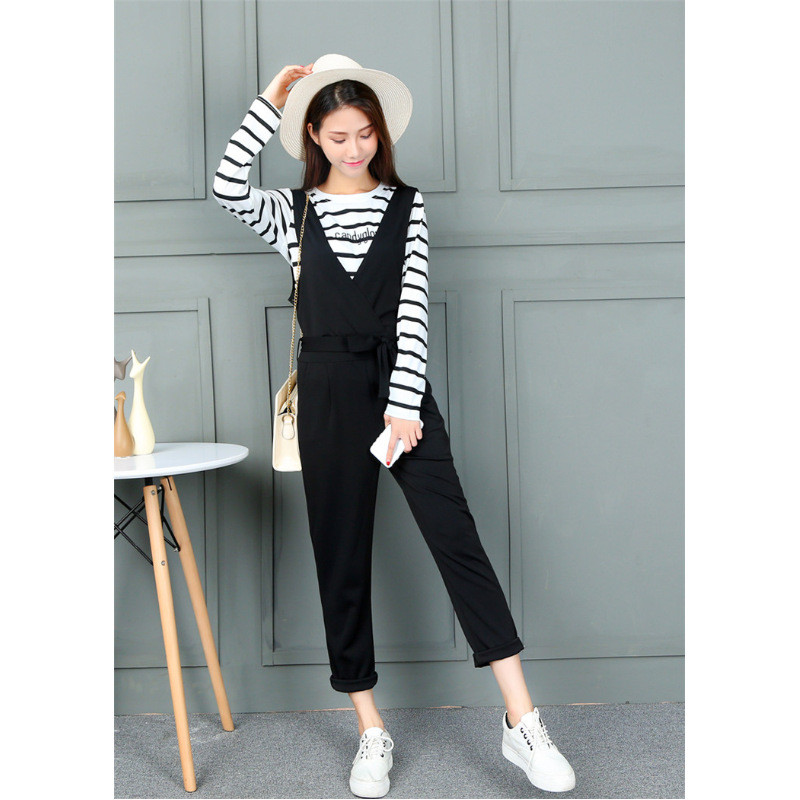 蔚缇2017大码英伦风条纹显瘦连体裤女夏九分