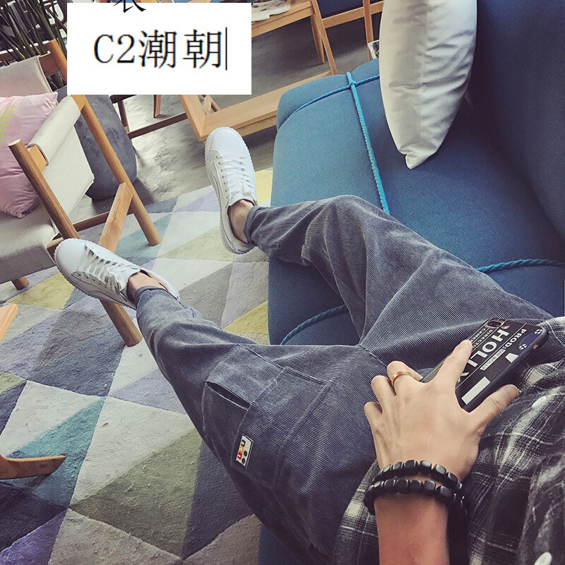 C2潮朝快手网红天佑文艺男夏季灯芯绒个性徽