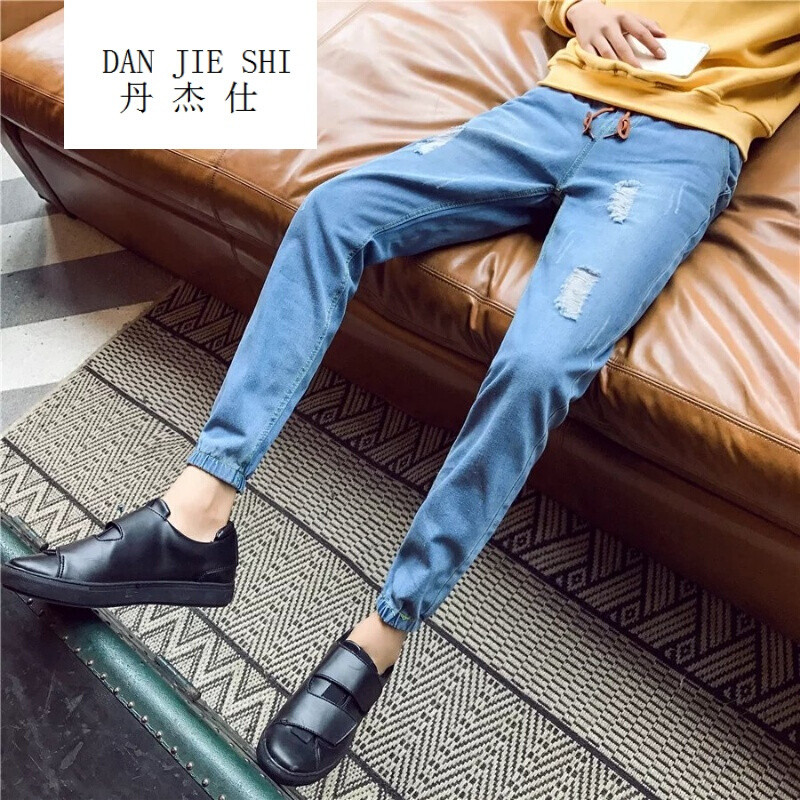 丹杰仕港仔文艺快手网红天佑破洞牛仔裤男弹力