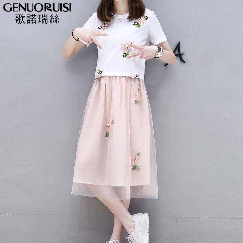 歌诺瑞丝2017夏季女装新款韩版时尚T恤网纱裙两件套连衣裙女8965 XL 白色