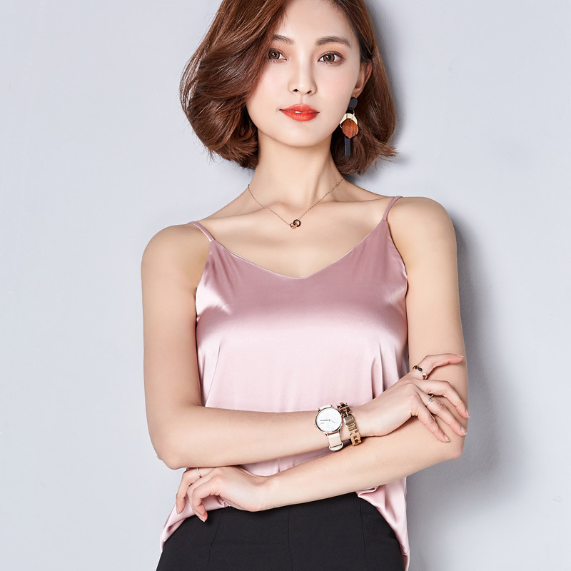 624款明星同款新款夏真丝纯色百搭性感吊带v领外穿打底背心上衣女实拍