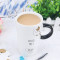 艺锦蓝 创意浮雕猫杯子陶瓷马克杯大容量水杯水具带盖勺情侣喝水杯牛奶咖啡杯 白色