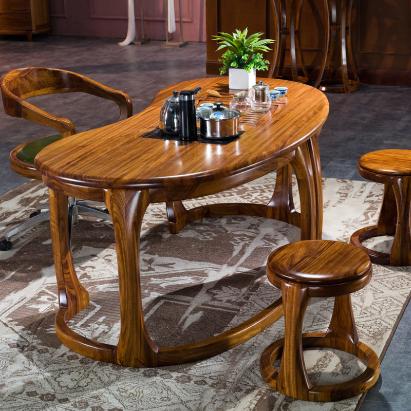 龙森家具 实木茶桌椅组合现代中式茶艺桌 乌金木家具实木功夫茶桌 茶桌+两圆凳