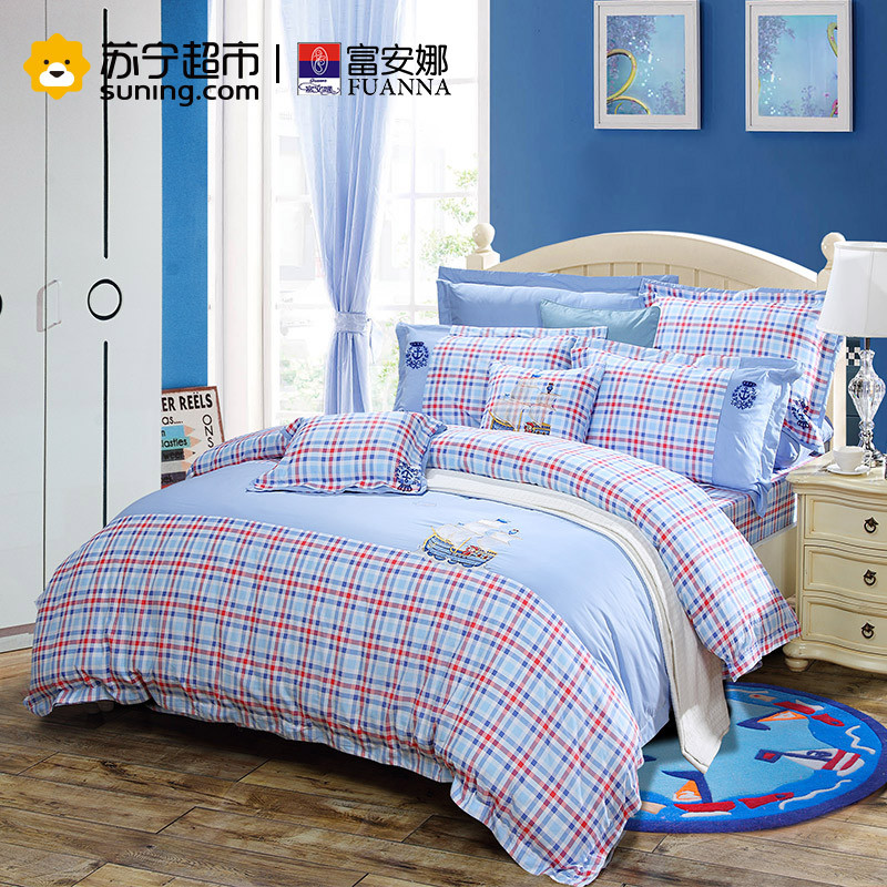 富安娜(FUANNA)家纺 儿童纯棉四件套1.5米全棉床品套件1.8米双人床上用品床单被套 小小航海家 蓝色 1.8m床