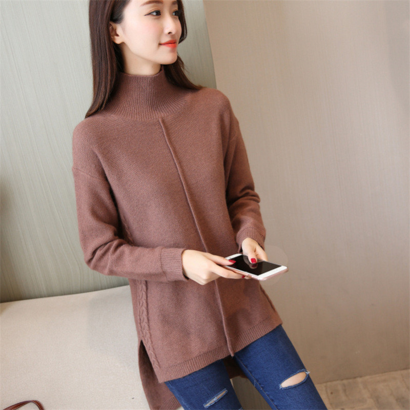 韩版秋冬宽松中长版套头半高领毛衣女长袖前短