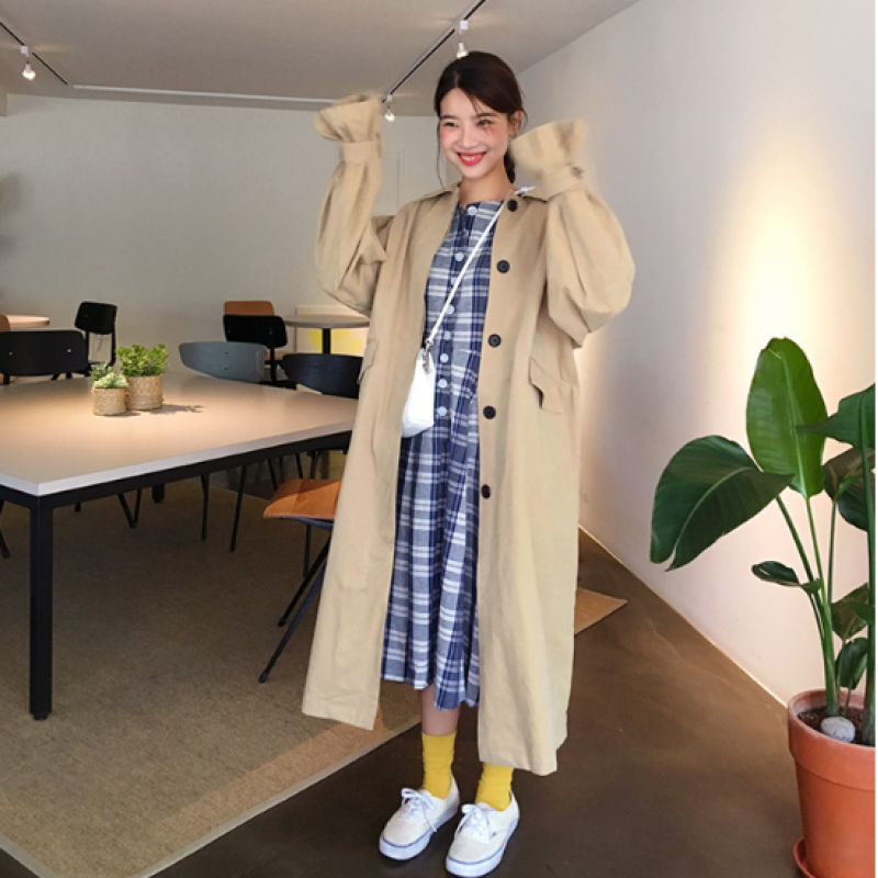 秋冬韩版女装长袖港风中长款过膝风衣chic宽松