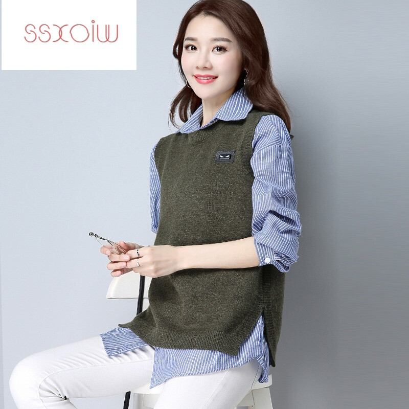 SSXOIW马甲背心毛衣衬衫两件套女韩版2017