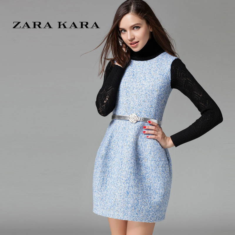 ZARA KARA2017秋冬新款连衣裙显瘦修身连衣裙女装无袖连衣裙 蓝色 S