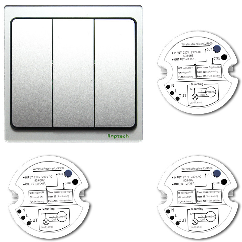 领普科技(linptech)智能开关自发电免布线 K4三开单控无线遥控开关套装 流光银色