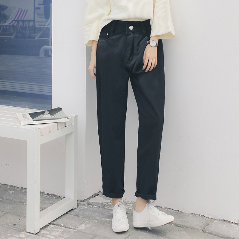 白色宽松牛仔裤女高腰直筒长裤秋冬季加绒九分