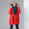 初语2017冬装新款大毛领撞色拼接保暖时尚中长款羽绒服女加厚外套 M 大红
