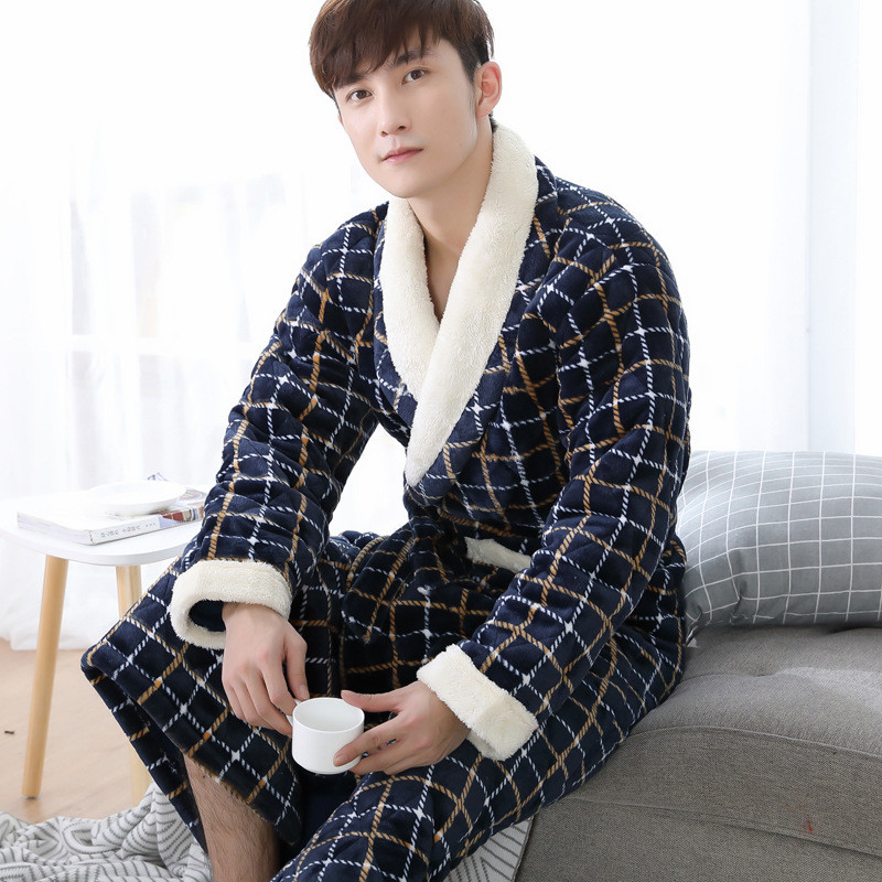 深色夹棉睡衣男袍冬季长袖加厚贝贝绒高个子性