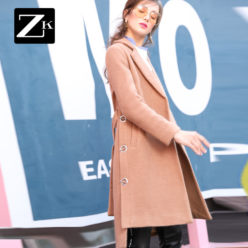 ZK大衣毛呢子外套中长款女韩版百搭2017冬装新款妮子过膝长宽松 XS 驼色