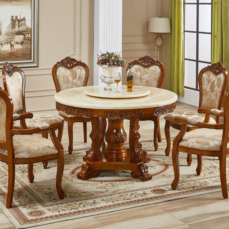 欧式大理石圆形餐桌 1.5米大理石餐桌+转盘+6把布边椅