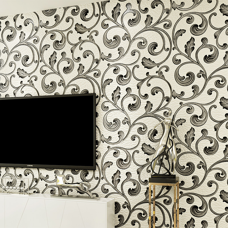 壁纸现代简约3D浮雕鹿皮绒泡无纺布墙纸环保家装温馨时尚 87401黑白色