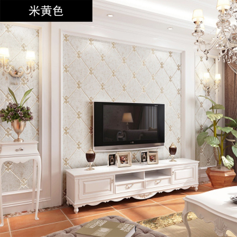 欧式客厅卧室现代超厚3D立体无纺布客厅电视背景墙纸植绒环保 米黄色