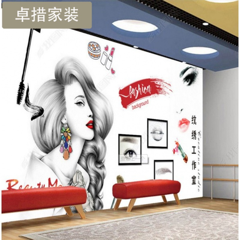 3d韩式美容院壁画纹绣纹眉美甲店化妆品店海报壁纸指甲油水彩墙纸_9 无缝环保油画布（整张）