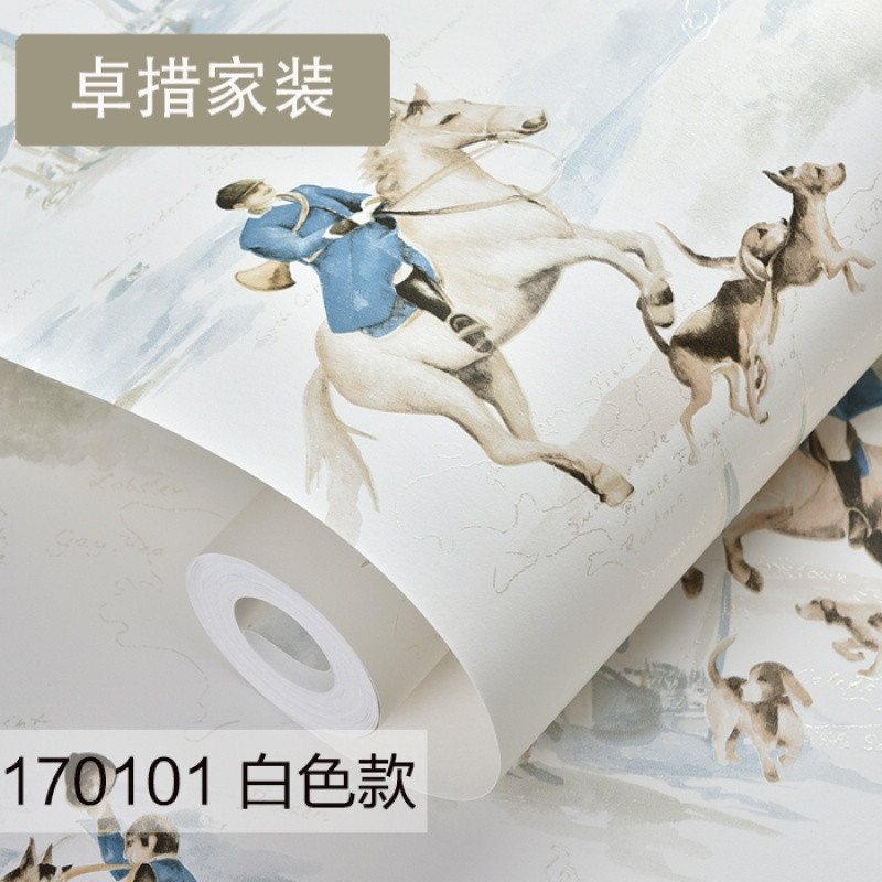 北欧宜家贵族儿童骑马狩猎图纯纸墙纸客厅卧室背景墙壁纸 170101白色款