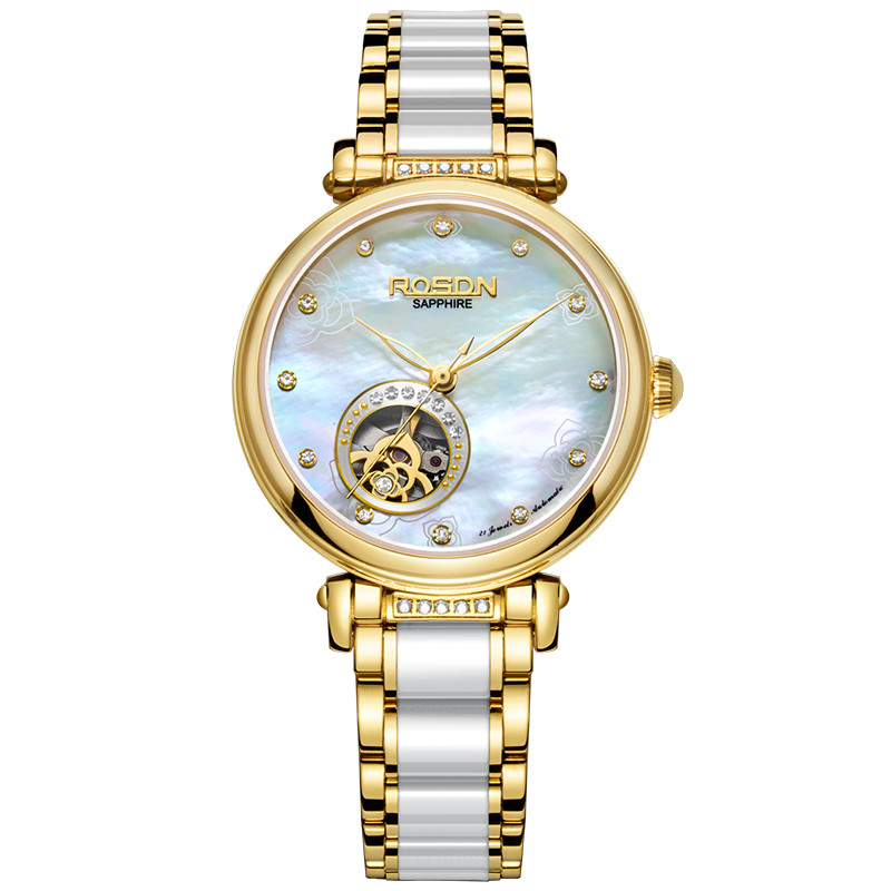 劳士顿(ROSDN)手表自动机械镂空时尚钟表陶瓷女士手表2099 2099G间金白面钢带男款