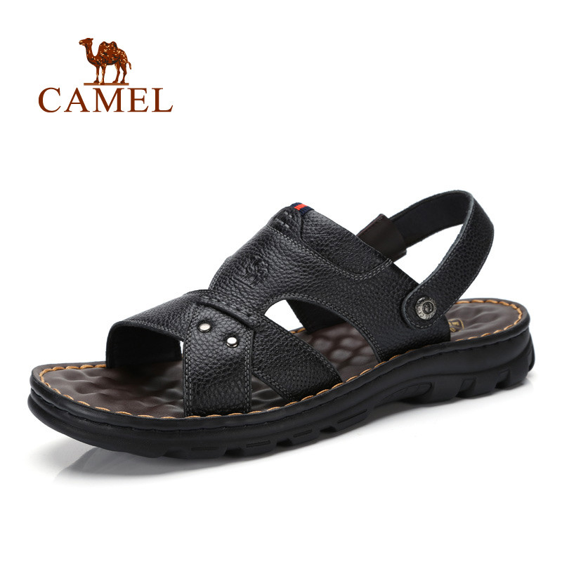 Camel骆驼凉鞋男 夏季牛皮沙滩凉鞋厚底耐磨耐穿休闲凉拖鞋子 黑色 42码