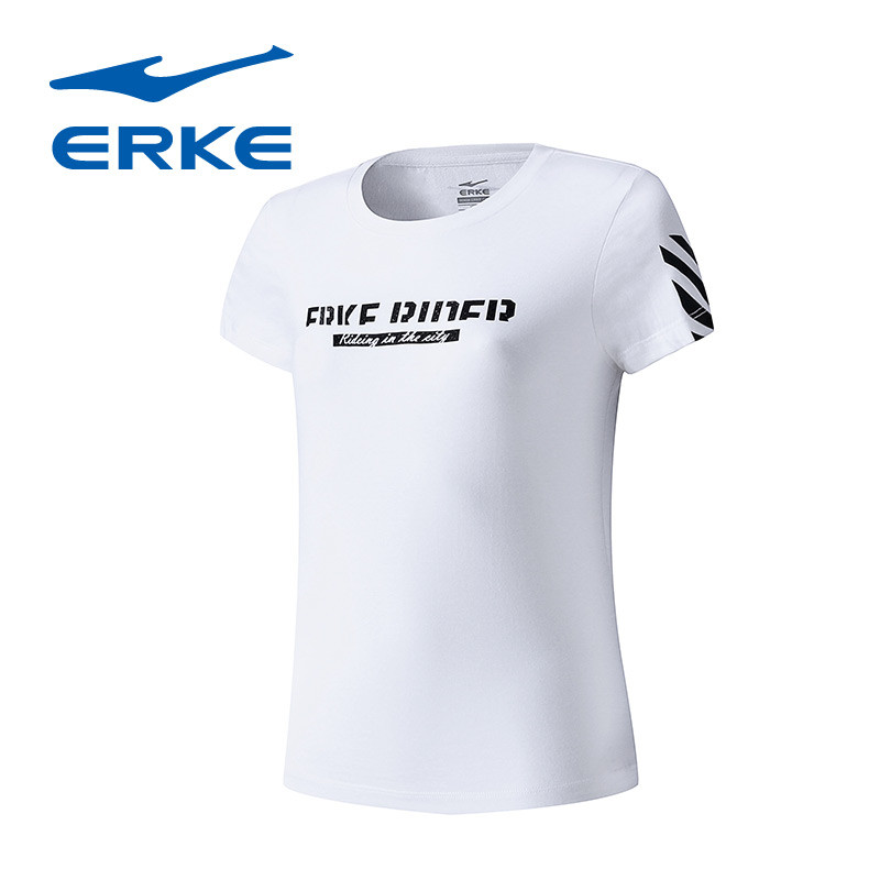 鸿星尔克（ERKE）2018新款女士舒适时尚简约字母短袖T恤52218319015 XL 正白