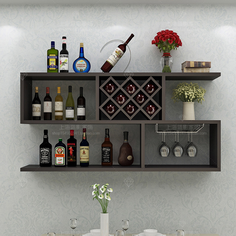 包邮 墙上酒柜壁挂式创 意简约红酒架客厅实木格子墙壁装饰置物架 黑胡桃长1.2米8格送两个酒杯挂架