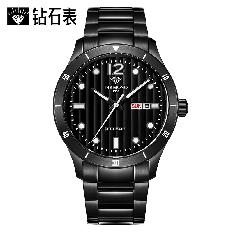 上海钻石牌（DIAMOND）手表男士自动机械男表夜光日历钢带自动机械表3200 黑白黑钢款