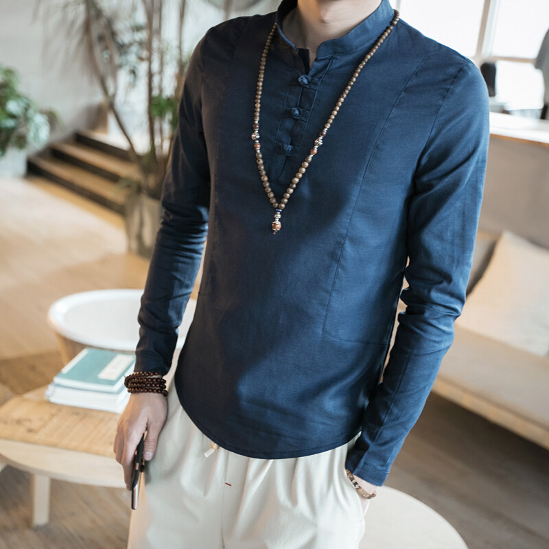 中国风棉麻T恤男装中式短袖麻料盘扣中袖上衣大码亚麻T恤夏季宽松白色长袖 2XL 藏青色长袖