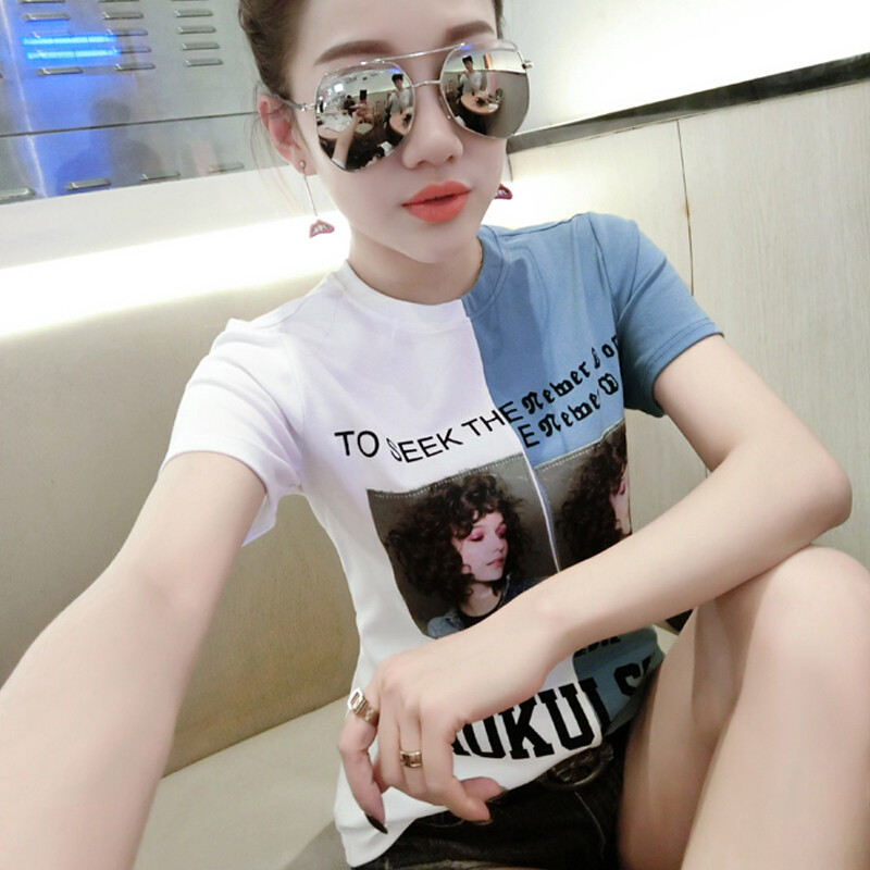 2018夏装新款短袖上衣女半袖T恤衫韩版时尚潮_1_9 L 蓝色