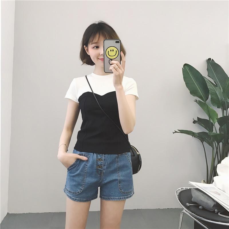 学院风2018夏季新款韩版修身拼色短袖T恤女学生简约打底上衣_1 M 黑色