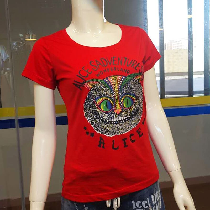 新款韩版修身显瘦紧身百搭时尚弹力印花图案学生短袖T恤女潮 L 8801红色