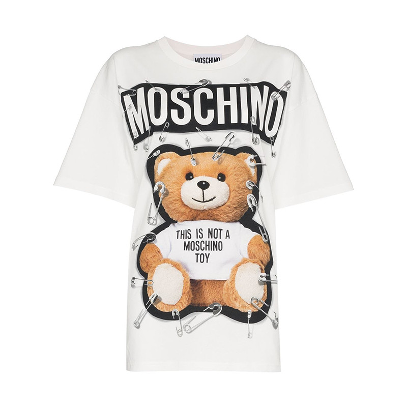 MOSCHINO 莫斯奇诺女士T恤常规款棉质夏季青春流行泰迪熊别针图案短袖T恤衫 V0704 5540 XS 白色