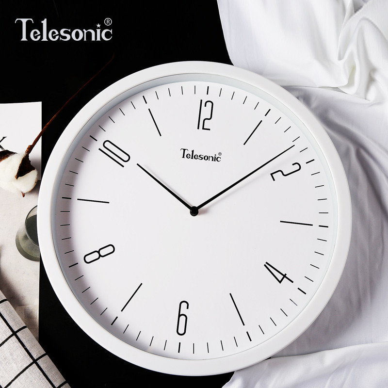 天王星(Telesonic)客厅圆形个性创意时钟表简约艺术现代家庭餐厅卧室书房挂钟静音石英钟 12英寸白色