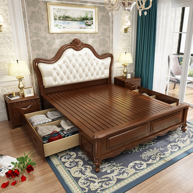 天惠子 床 欧式床 木质实木橡木床1.5米双人实木床1.8m高箱储物床抽屉婚床皮质真皮软靠公主皮艺床 箱抽款单床（颜色尺寸备注）