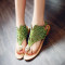 欧美罗马夹趾凉鞋女式夏季水钻平跟平底夹脚沙滩鞋凉拖鞋 绿色凉鞋-扣带