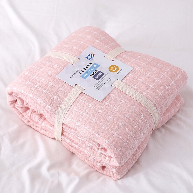 日本纯棉夏季毛巾被薄款空被全棉纱布被午睡毯床尾毯灰色网格_5 150cmx200cm 粉红色网格