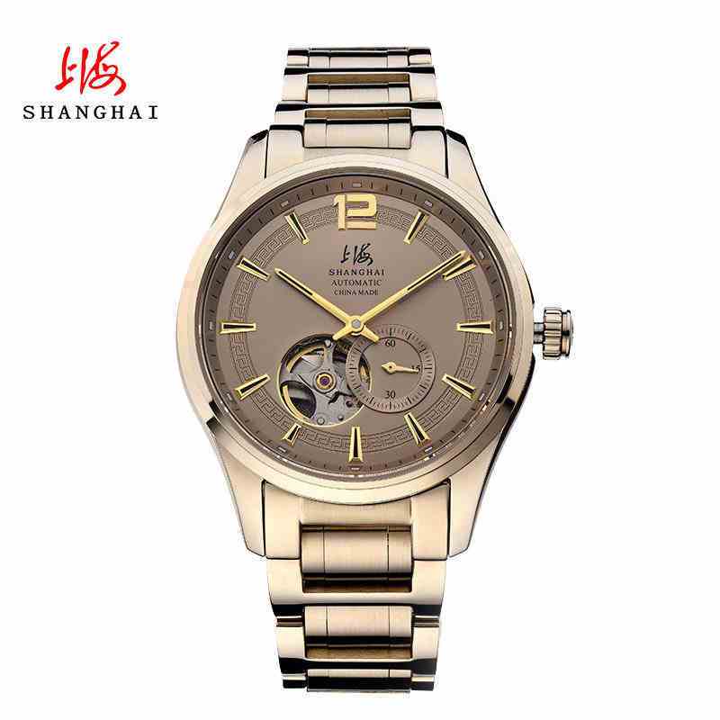 上海(SHANGHAI)手表男士全自动机械机芯表710国产手表钢带防水休闲男表 香槟金